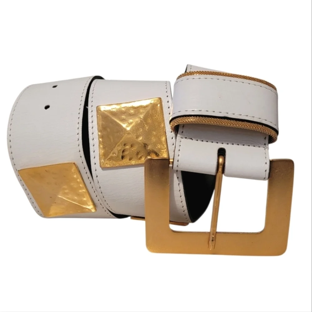 VR San Marcos White Leather Gold Square Hammered Metal Details Belt Sz L 28-32